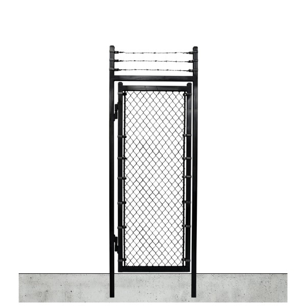 Custom Width & Height In-Ground Prehung Barbed Wire Chain Link Mount Walk Gate Kit (Powder-Coated Black)