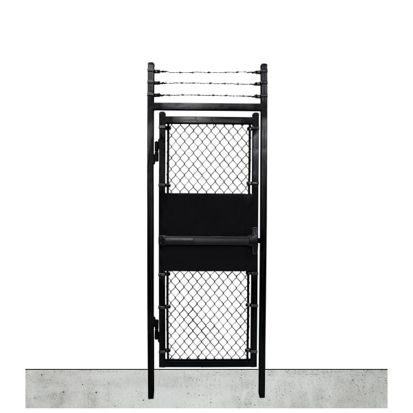 Custom Width & Height In-Ground Prehung Barbed Wire Chain Link Mount Walk Gate Kit with Panic Exit Bar (Powder-Coated Black)