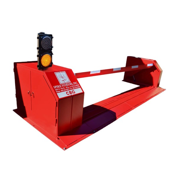 Spike Systems 14' Cable Beam Barriers with 8" LED Red/Yellow Traffic Lights (Left-Handed)(Powder-Coated Red) - CBG-140-LH-R