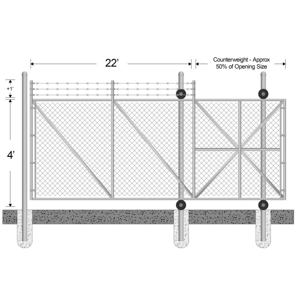 4' High x 22' Wide Gate Opening for Commercial Cantilever Sliding Gate with 1' of 3-Strand Barbed Wire (2" x 9 Gauge Fabric, 2 1/2" Round Frame)