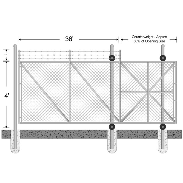4' High x 36' Wide Gate Opening for Commercial Cantilever Sliding Gate with 1' of 3-Strand Barbed Wire (2" x 9 Gauge Fabric, 2 1/2" Round Frame)