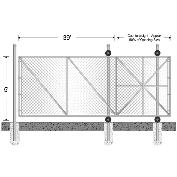 5ft High x 39ft Wide Gate Opening for Commercial Cantilever Sliding Gate (2" x 9 Gauge Fabric, 2 1/2" Round Frame)