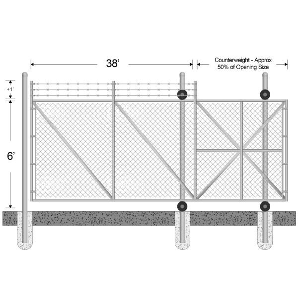 6ft High x 38ft Wide Gate Opening for Commercial Cantilever Sliding Gate with 1' of 3-Strand Barbed Wire (2" x 9 Gauge Fabric, 2 1/2" Round Frame)