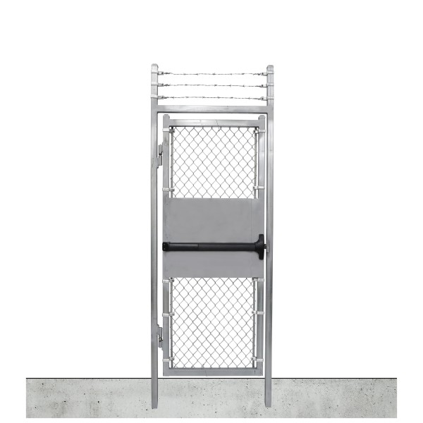 Custom Width & Height In-Ground Prehung Barbed Wire Chain Link Mount Walk Gate Kit with Panic Exit Bar (Galvanized)