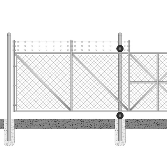 4' High x Custom Width Gate Opening Commercial Cantilever Sliding Gate with 1' of 3-Strand Barbed Wire (2"sq x 9 Gauge Fabric, 2 1/2" Round Frame)