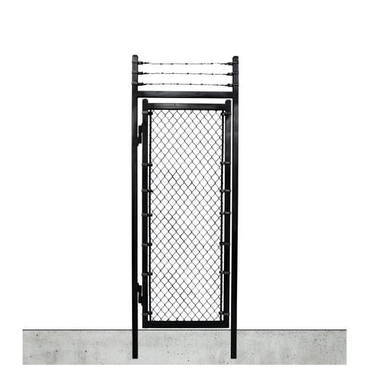 Custom Width & Height In-Ground Prehung Barbed Wire Chain Link Mount Walk Gate Kit (Powder-Coated Black)