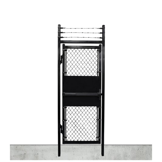 Custom Width & Height In-Ground Prehung Barbed Wire Chain Link Mount Walk Gate Kit with Panic Exit Bar (Powder-Coated Black)