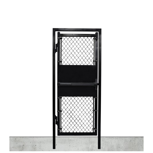 Custom Width & Height In-Ground Prehung Chain Link Mount Walk Gate Kit with Panic Exit Bar (Powder-Coated Black)