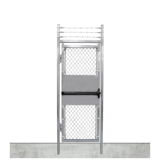 Custom Width & Height In-Ground Prehung Barbed Wire Chain Link Mount Walk Gate Kit with Panic Exit Bar (Galvanized)