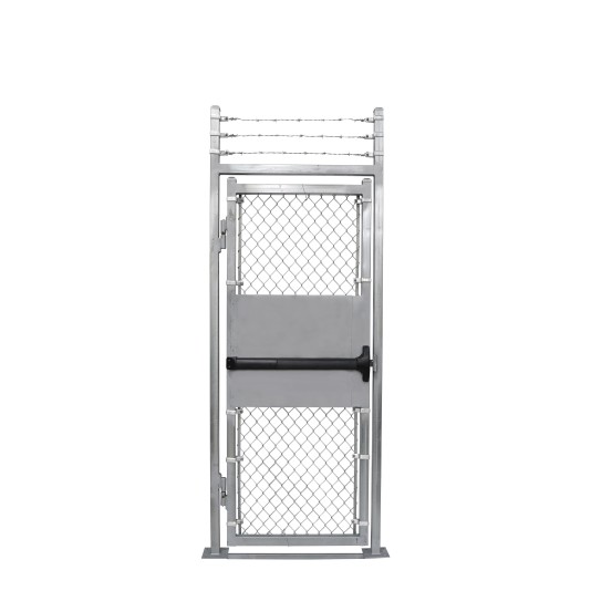 Custom Width & Height In-Ground Prehung Barbed Wire Chain Link Mount Walk Gate Kit with Panic Exit Bar (Galvanized)